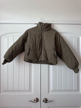 Le Lis Olive Green Cropped Puffer Jacket